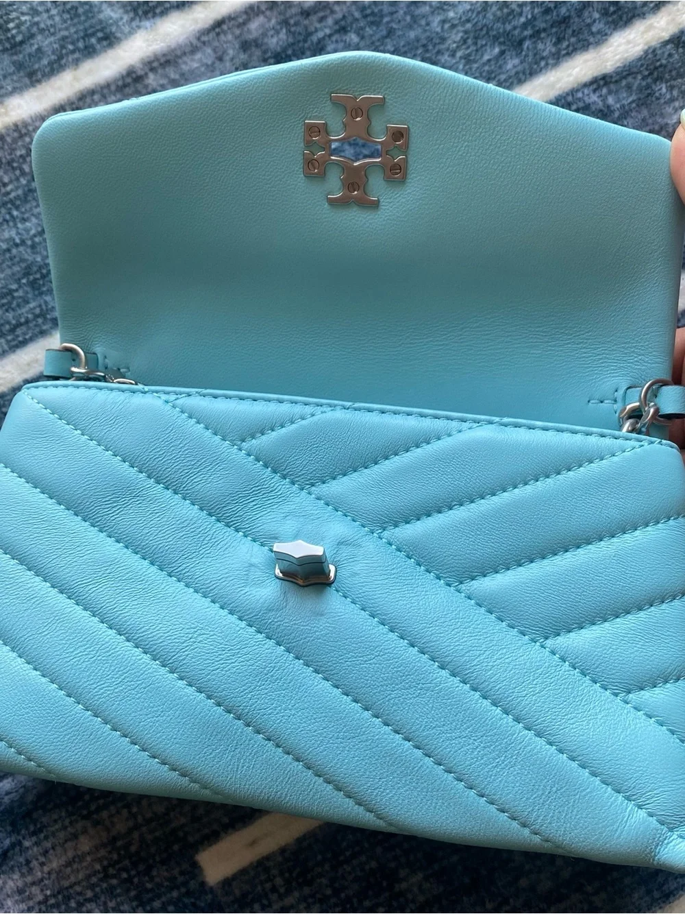 Tory Burch Quilted Leather Clutch in Light Celeste with Silver Logo
